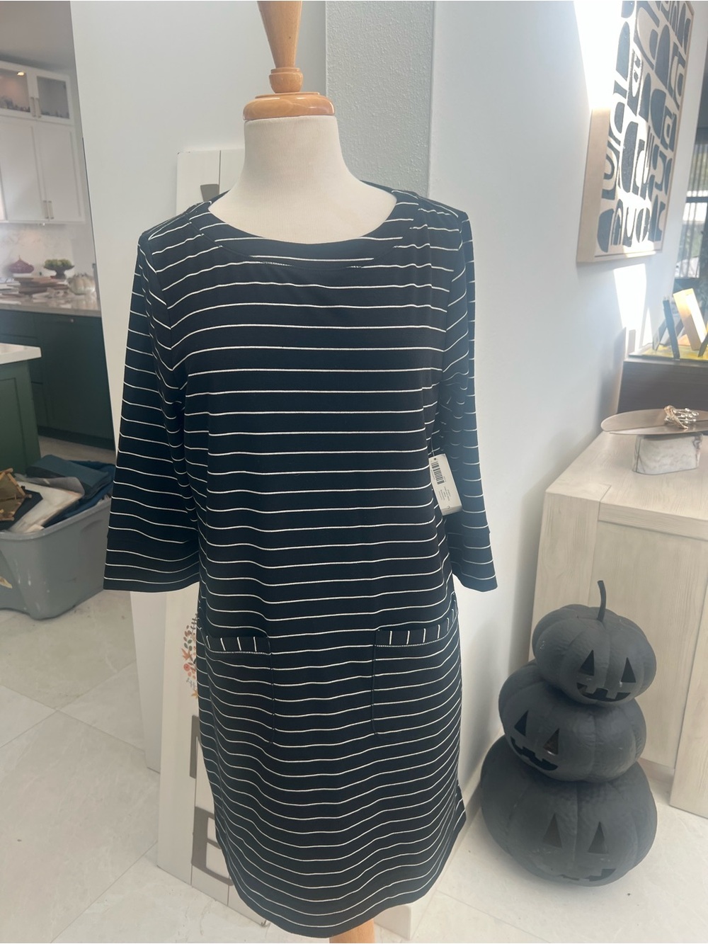 Chico's Black and White Striped Long-Sleeve Shift Dress